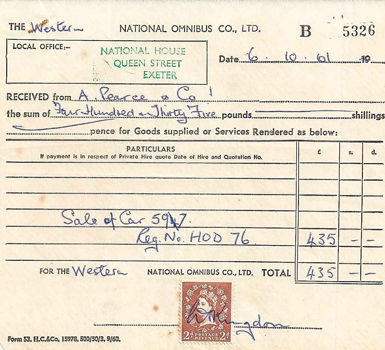The receipt for the purchase of HOD 76 in Oct 1961