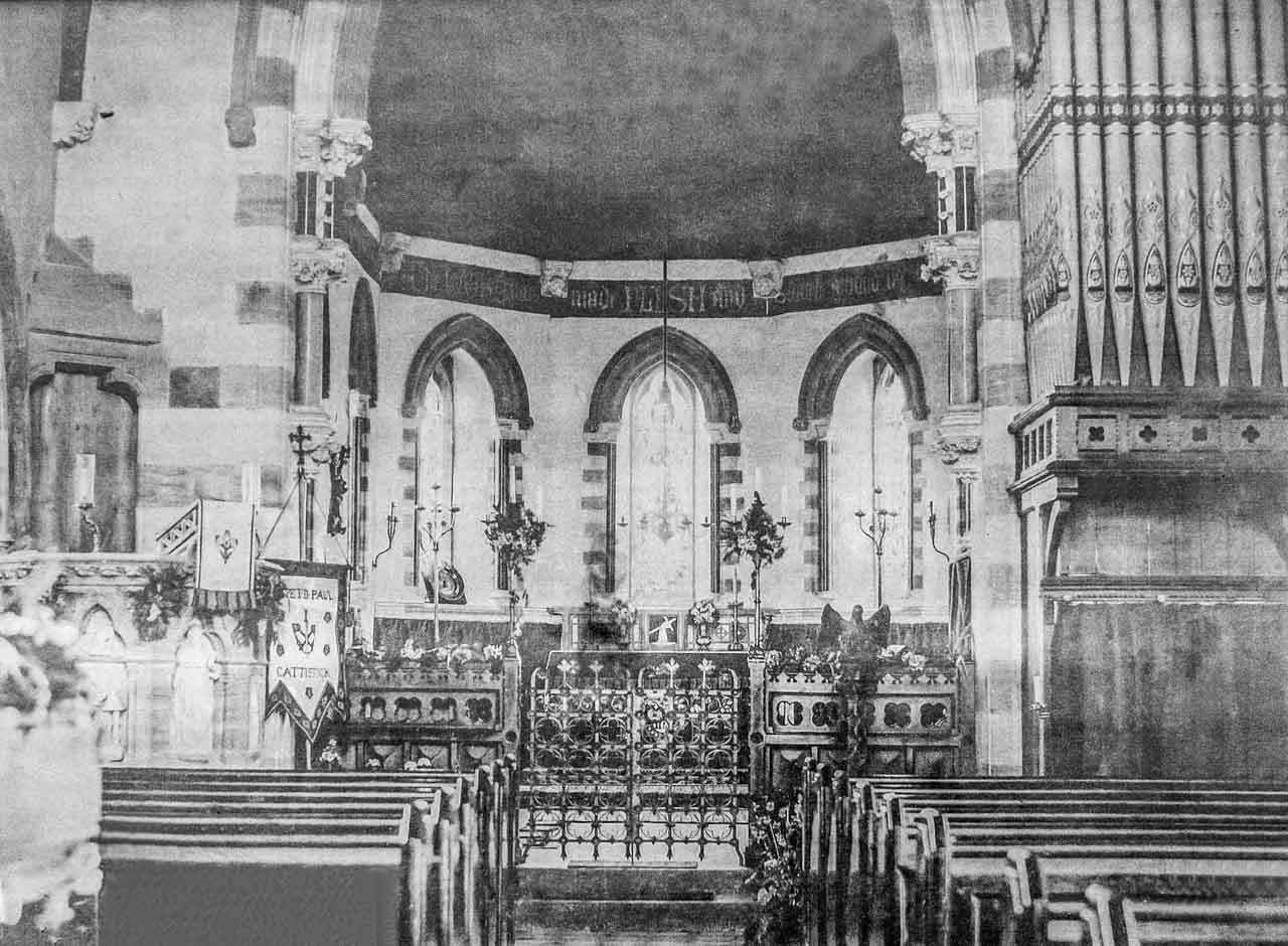An early 20th C photo of the chancel, note the decorated walls which, unfortunately, have since been painted over