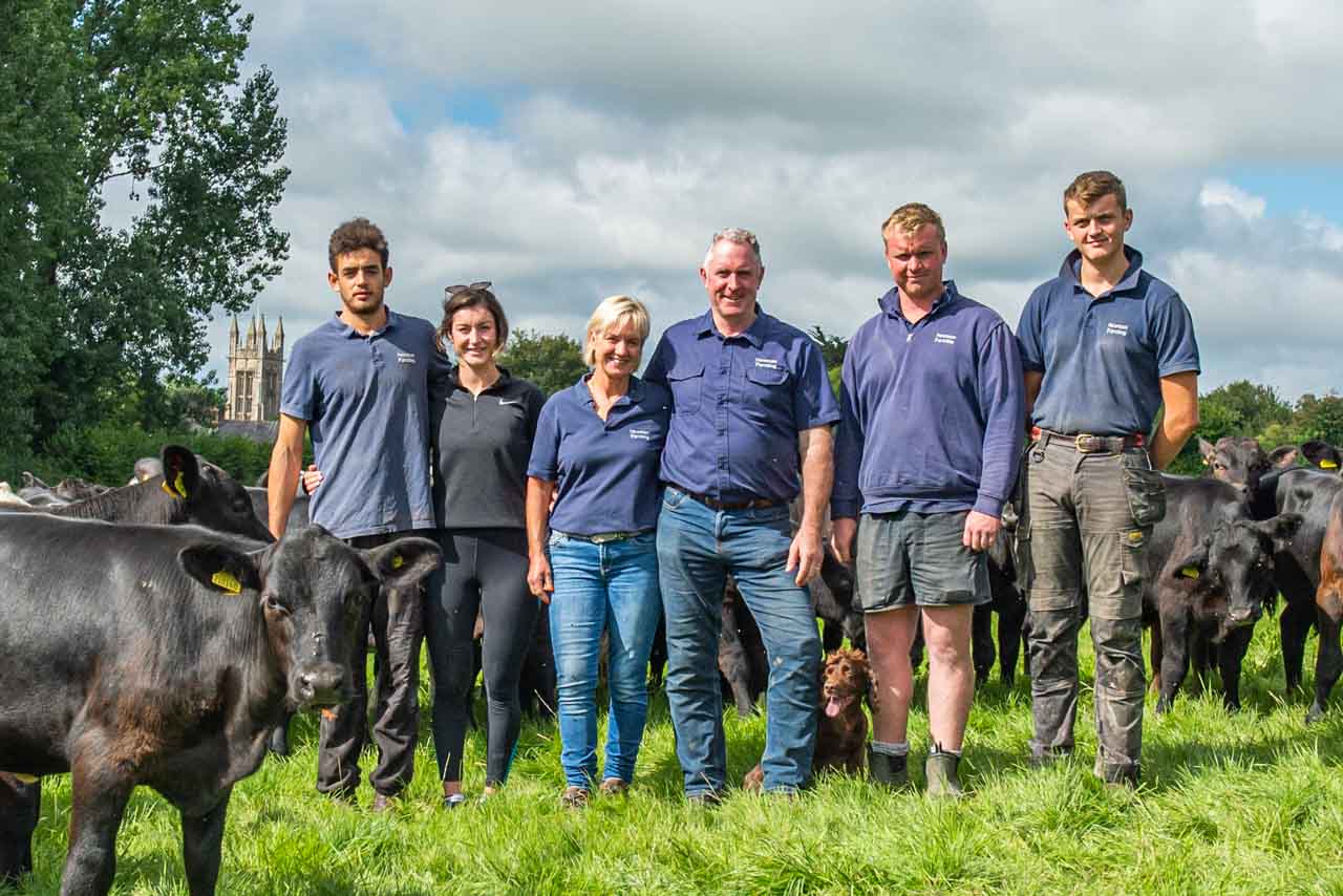 The Manor Farm team: Roly, Tillie, Helen, Dan, Bertie and Matt (plus Os, the Spaniel)
